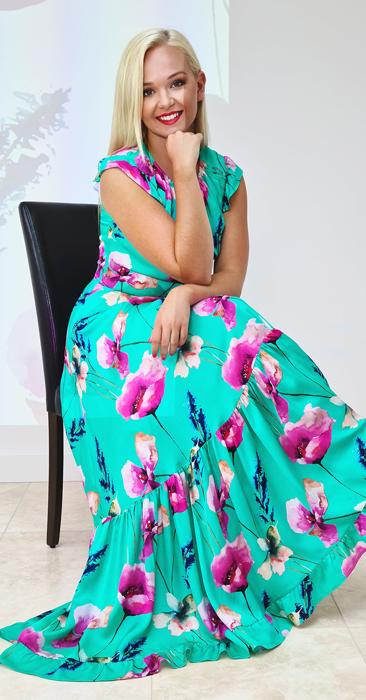 Serena Dress DRC363 Green Poppy Print