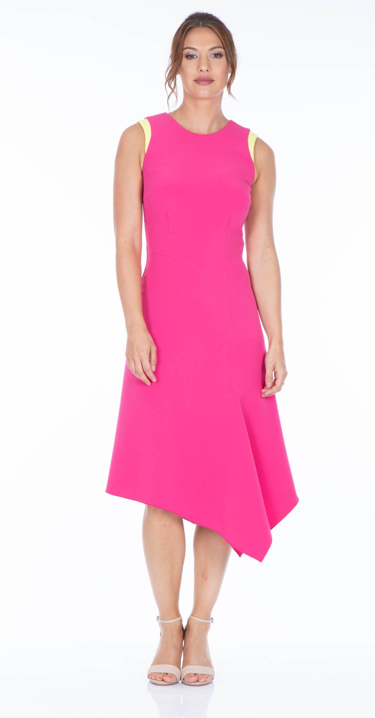 Adelle Dress DRC236 Pink crepe with yellow contrast